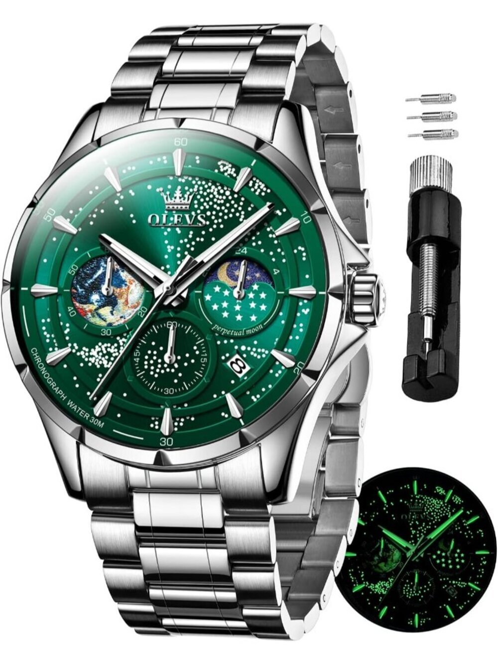 Men's Silver Band Green Dial Starry Sky Moon Phase Dial Luxury Analog Wristwatch